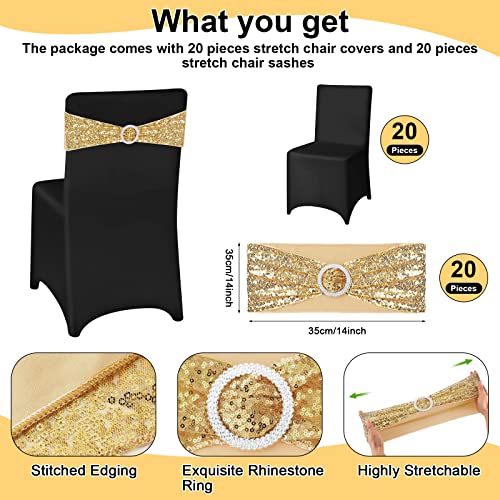 Chumia 50 Sets Chair Covers and Chair Sashes, Spandex Stretch Chair Slipcovers with Shiny Sparkly Chair Bands Bows for Wedding Party Banquet Dining Chair Decor (Black,Rose Red)
