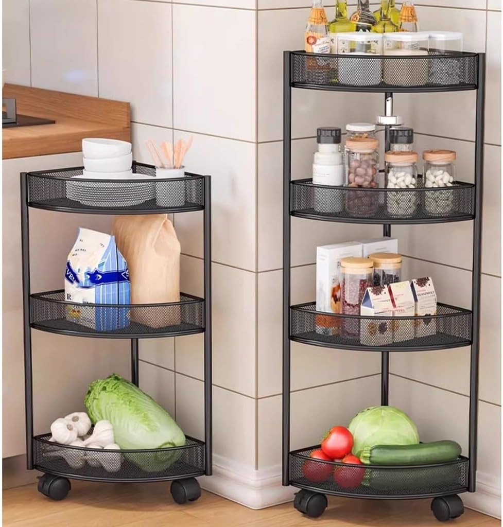 4 Tier Bathroom Corner Triangle Shower Shelf with Wheels, Free-Standing Metal Storage Shelf, Multifunctional Corner Rack Shelving for Living Room, Bedroom, Kitchen, Bathroom