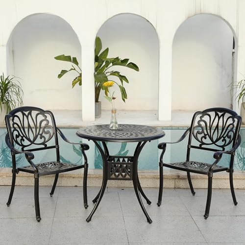 Patio Dining Table,Cast Aluminum Patio Table with Umbrella Hole, Outdoor Bistro Table for Backyard, Garden, Patio…