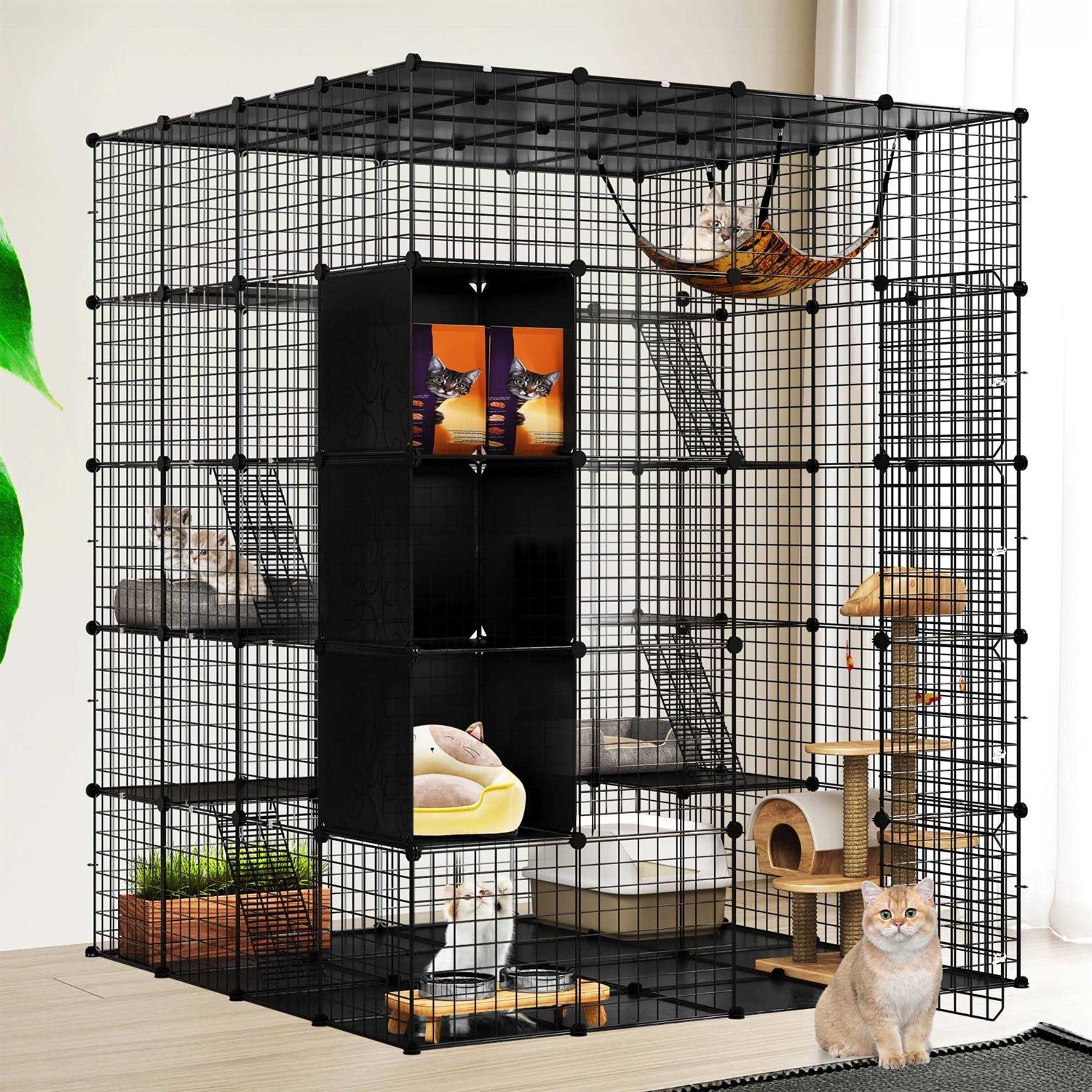 Dextrus 5-Tier Metal Cat Cage with Cube Storage,DIY Indoor Catio Enclosure Spacious Cat Playpen with Hammock - Pet Supplies online store