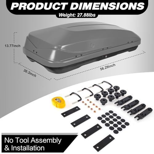 Gray Rooftop Cargo Box Carrier Large 13 Cubic Feet Car Top Mount Travel Luggage Storage, Dual Side Opening, Roof Cargo Boxes Waterproof Rooftop Storage Box Extra Keys, Straps