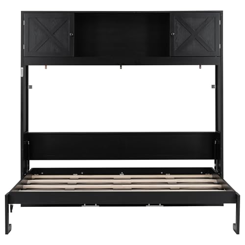 SOFTSEA Full Horizontal Murphy Bed with Shelves, Farmhouse Murphy Wall Bed with Storage Bookcase for Small Spaces, Living Room, Guest Room, Bedroom, Home Office, Black