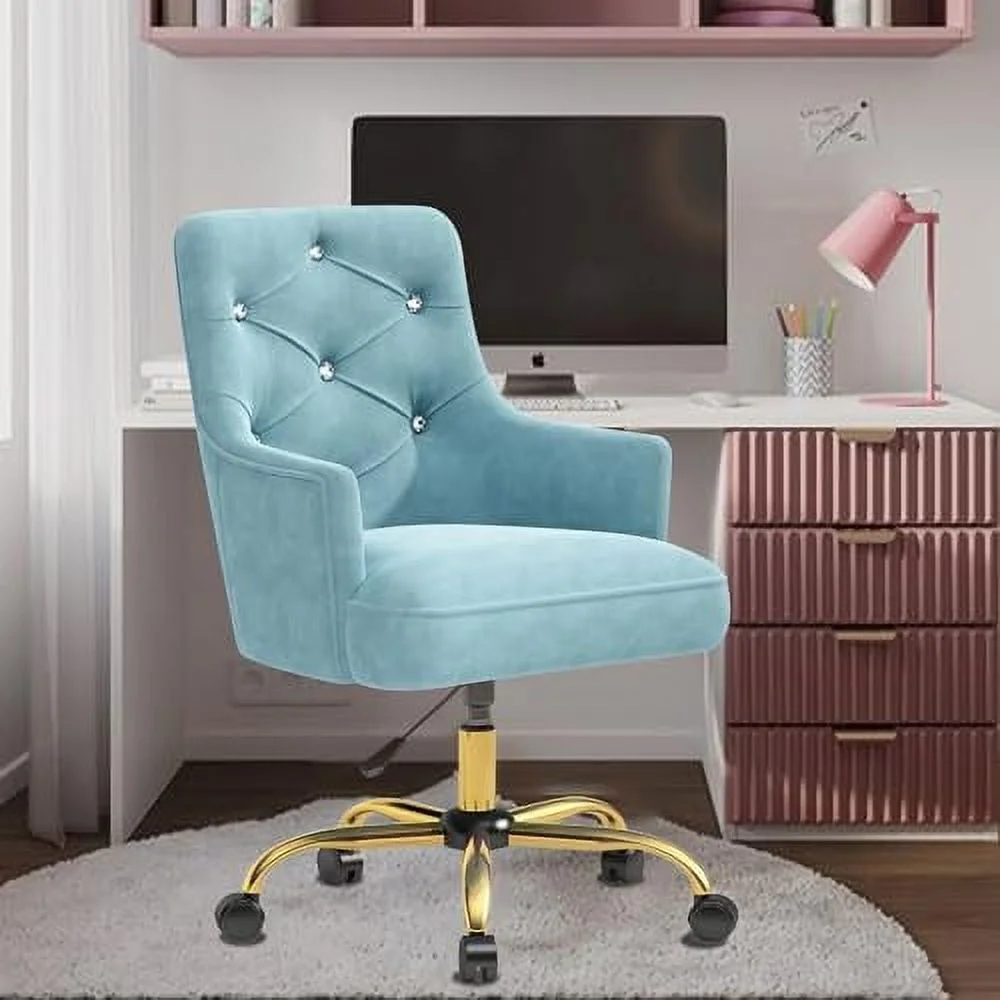 Blue Vanity Chair with Back  Velvet Desk Chair for Makeup Room  Cute Swivel Vanity Chair with Rolling Wheels  Blue Fluffy Desk Chair for  Office  Vanity Chair for Girls