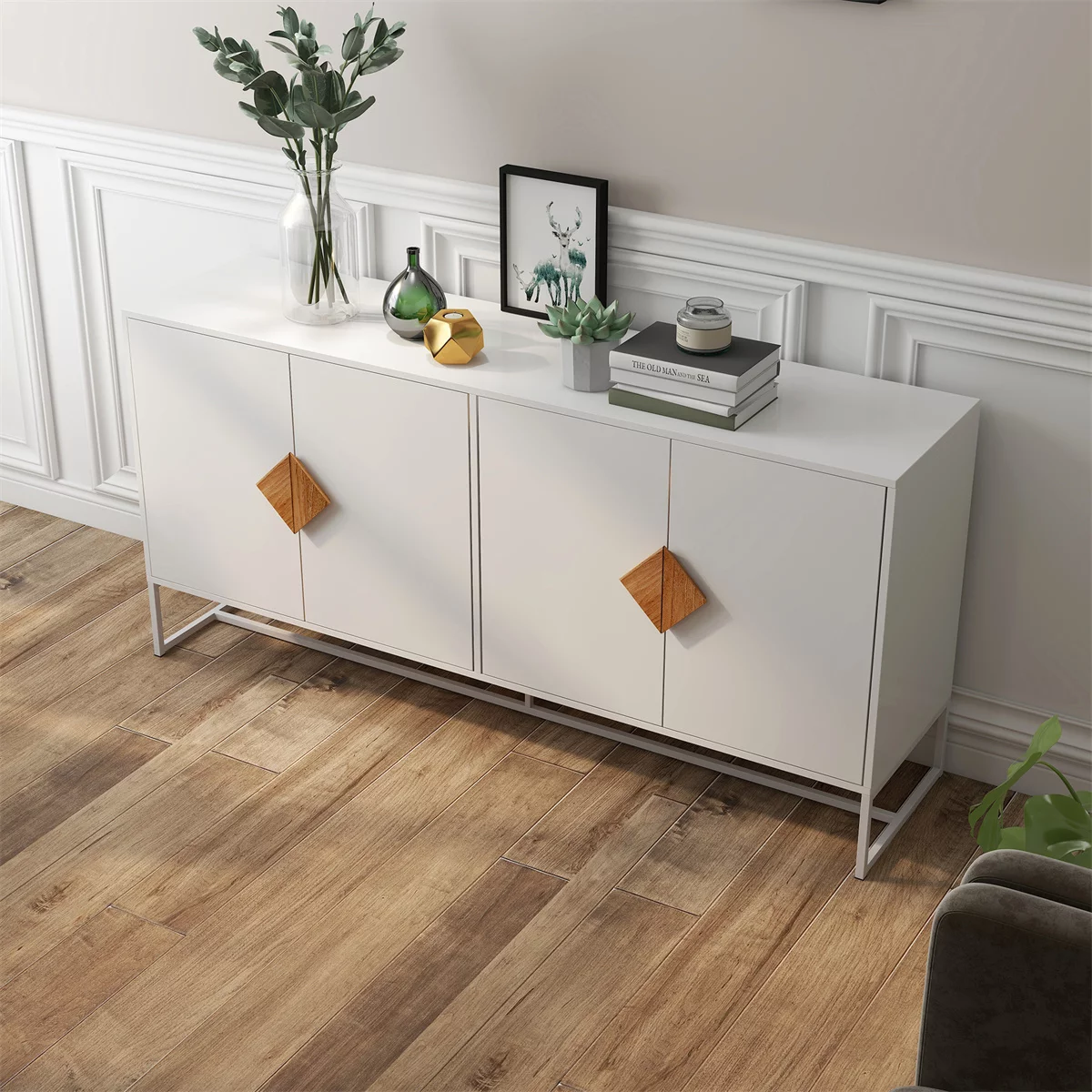 Astarth Storage Sideboard Cabinet White Modern 4 Doors Kitchen Buffet Cabinet Television Tables Entryway Cupboard Furniture with Solid Wood Square Handles and Metal Legs