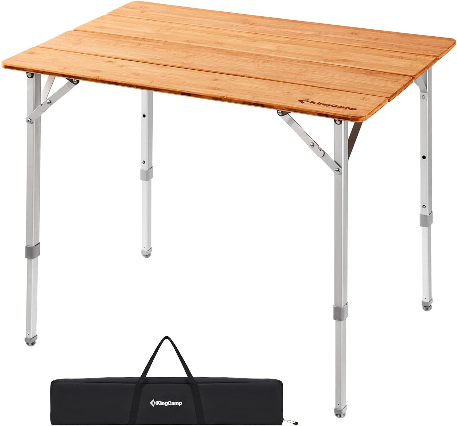 KingCamp Bamboo Folding Table Environmental Camping Table with Adjustable Height Aluminum Legs Heavy Duty 4-Folds Portable Camp Tables for Travel, Picnic, Party, Beach, Outdoor and Indoor, 1-2 People
