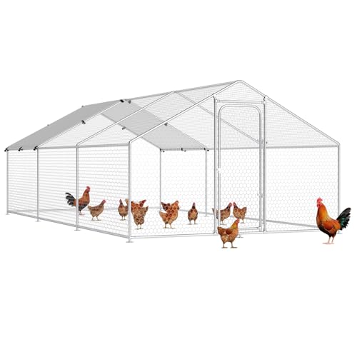 Large Metal Chicken Coop, Chicken Run Poultry Cage Hen with Water-Resident and Anti-UV Cover for Duck Rabbit House Outdoor Walk-in Chicken Pen for Yard, Dome Roof(10’ W x 19.7’ L x 6.4’ H)