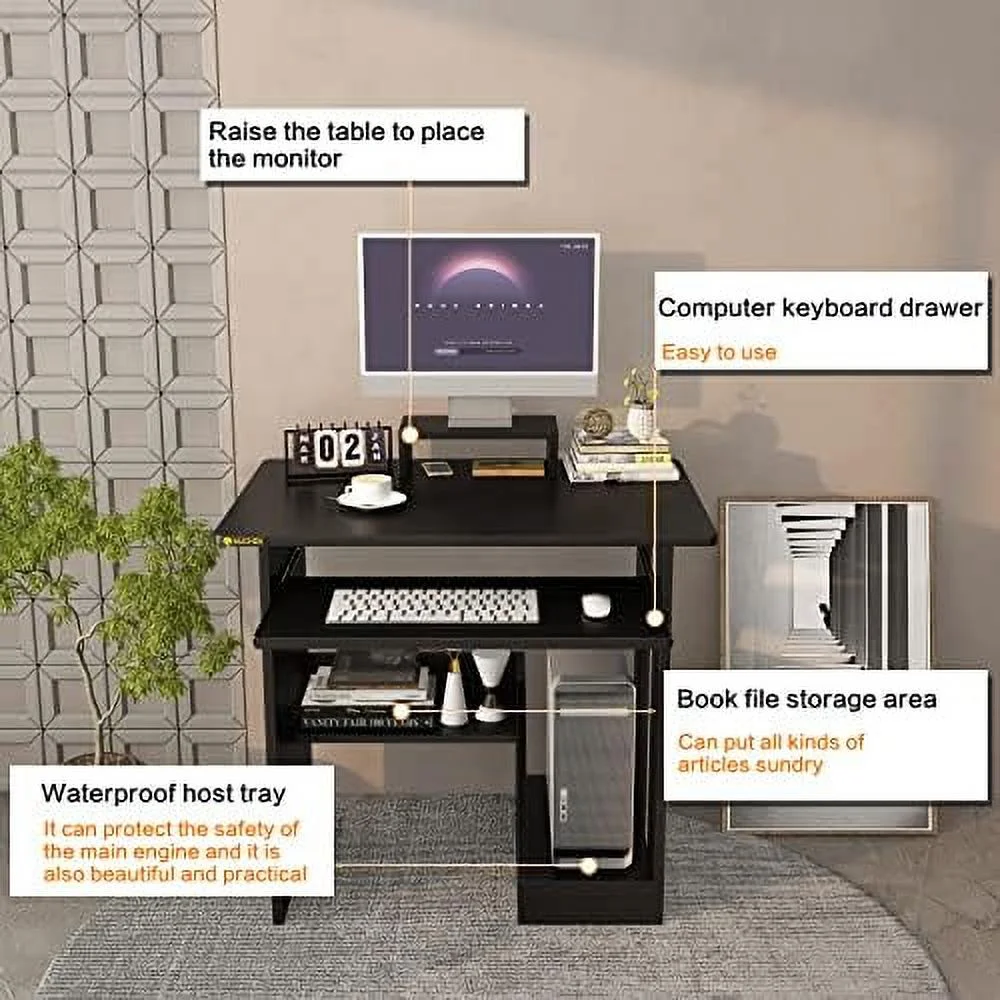 Small Computer Desk for  Office - Compact Desktop PC and Laptop Study Gaming Table with  Drawer  Shelves  and Keyboard Tray - Ideal for Small Spaces  Students