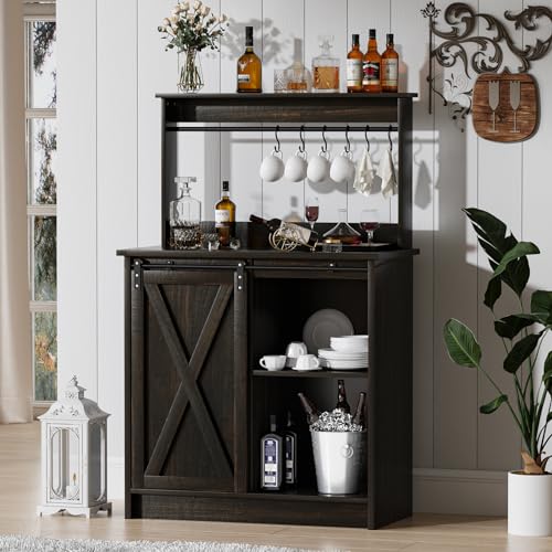 4ever2buy Farmhouse Coffee Bar Cabinet, Buffet Sideboard Storage Cabinet,White Coffee Bar Table with Sliding Barn Door & Adjustable Shelf for Living Room
