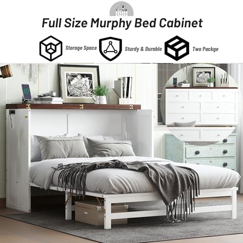 Queen Murphy Bed Cabinet, Murphy Bed Queen with Storage Drawer & Charging Station, USB Port, Solid Pine Wall Beds for Home Office, Studio or Guest Room, White