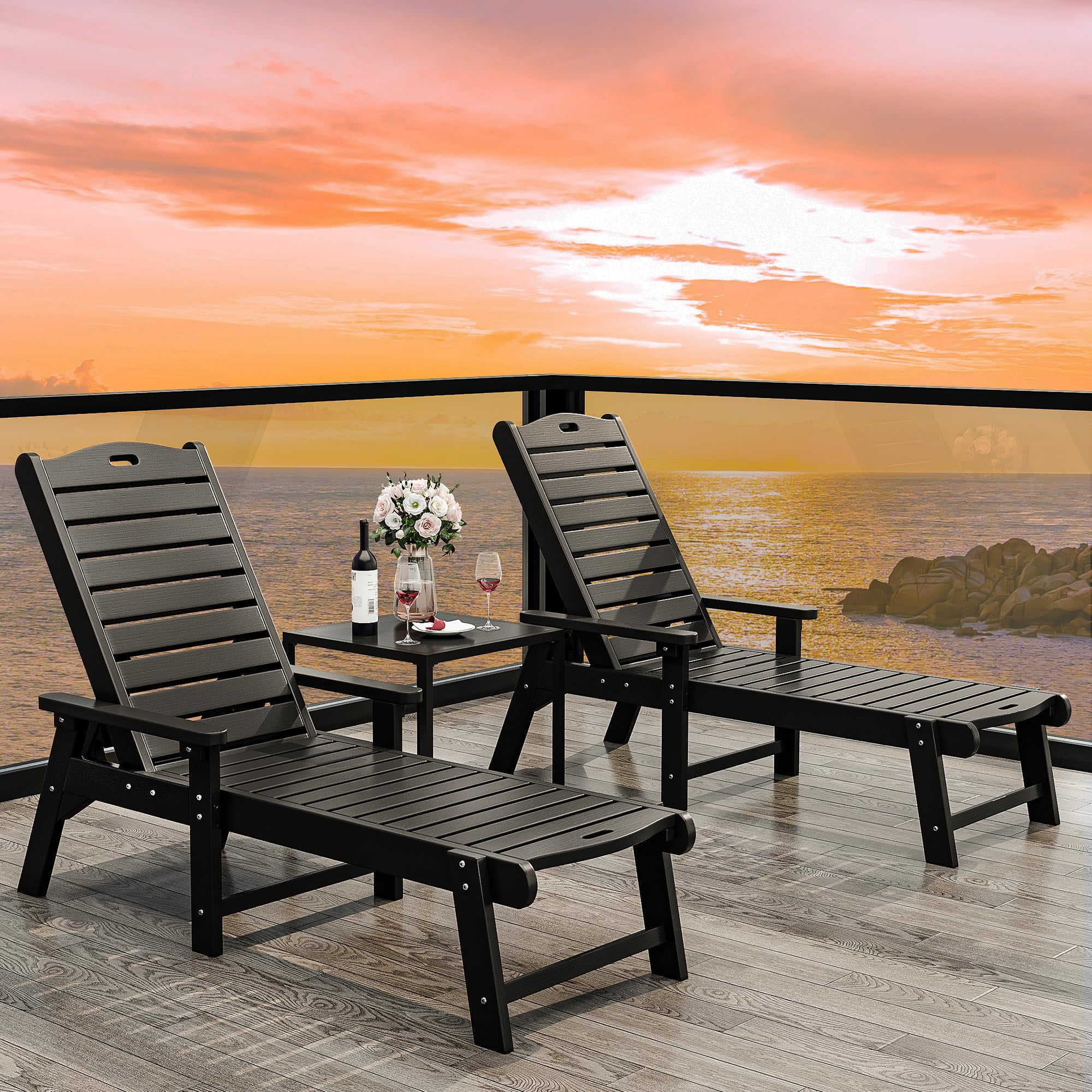 Dextrus Outdoor Chaise Lounge Chair with Adjustable Backrest, Heavy Duty Resin Patio Lounger with Wide Armrest and 350lbs Capacity for Outside Poolside Beach Backyard, Waterproof, Black