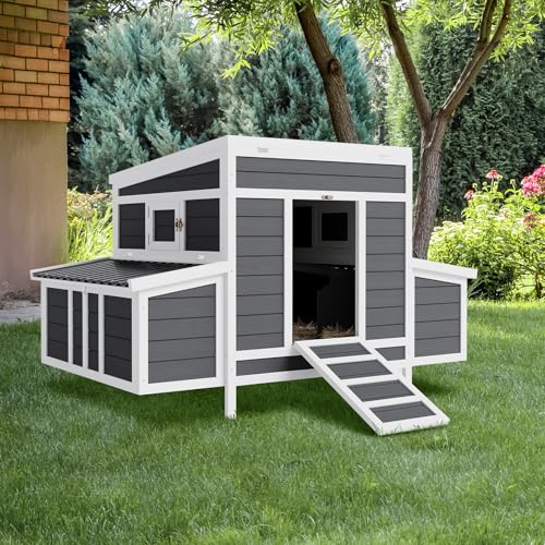 Wooden Chicken Coop, 54.41" x 34.49" x 34.05" Chicken Coop for 4-6 Chickens, with 2 Sides Large Nesting Boxes, Outdoor Poultry Cage Rabbit Cage with Ramps & Tray