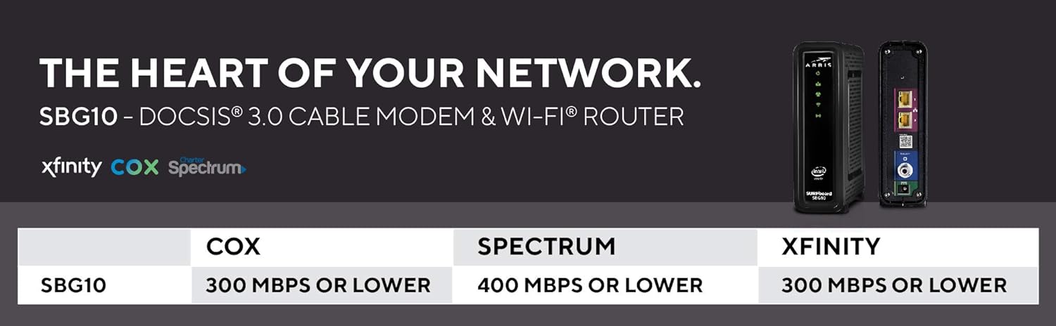 ARRIS SURFboard SBG10 DOCSIS 3.0 Cable Modem & AC1600 Dual Band Wi-Fi Router, Approved for Cox, Spectrum, Xfinity & others (black)