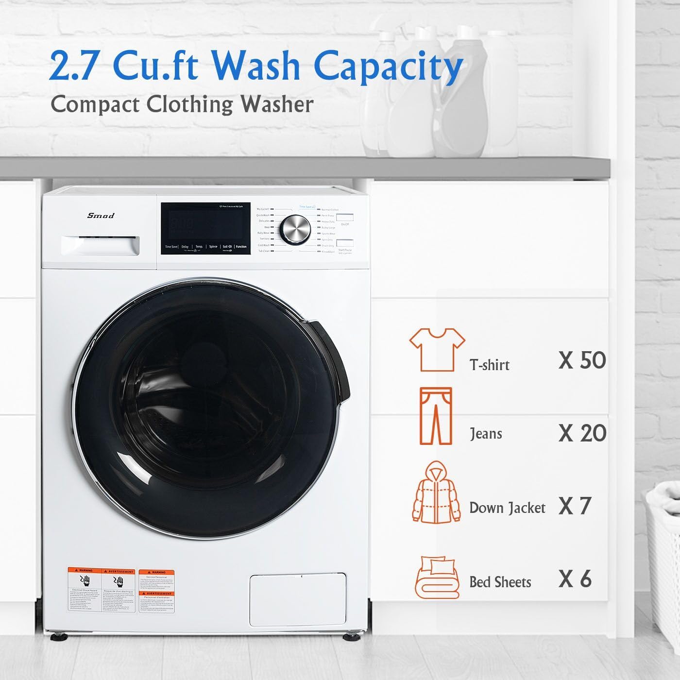 Smad 2.7 Cu.Ft Compact Front Load Washing Machine Cold Wash Laundry Machine 36 Mins Quick Wash, 14 Washing Programme Space Saving Washer