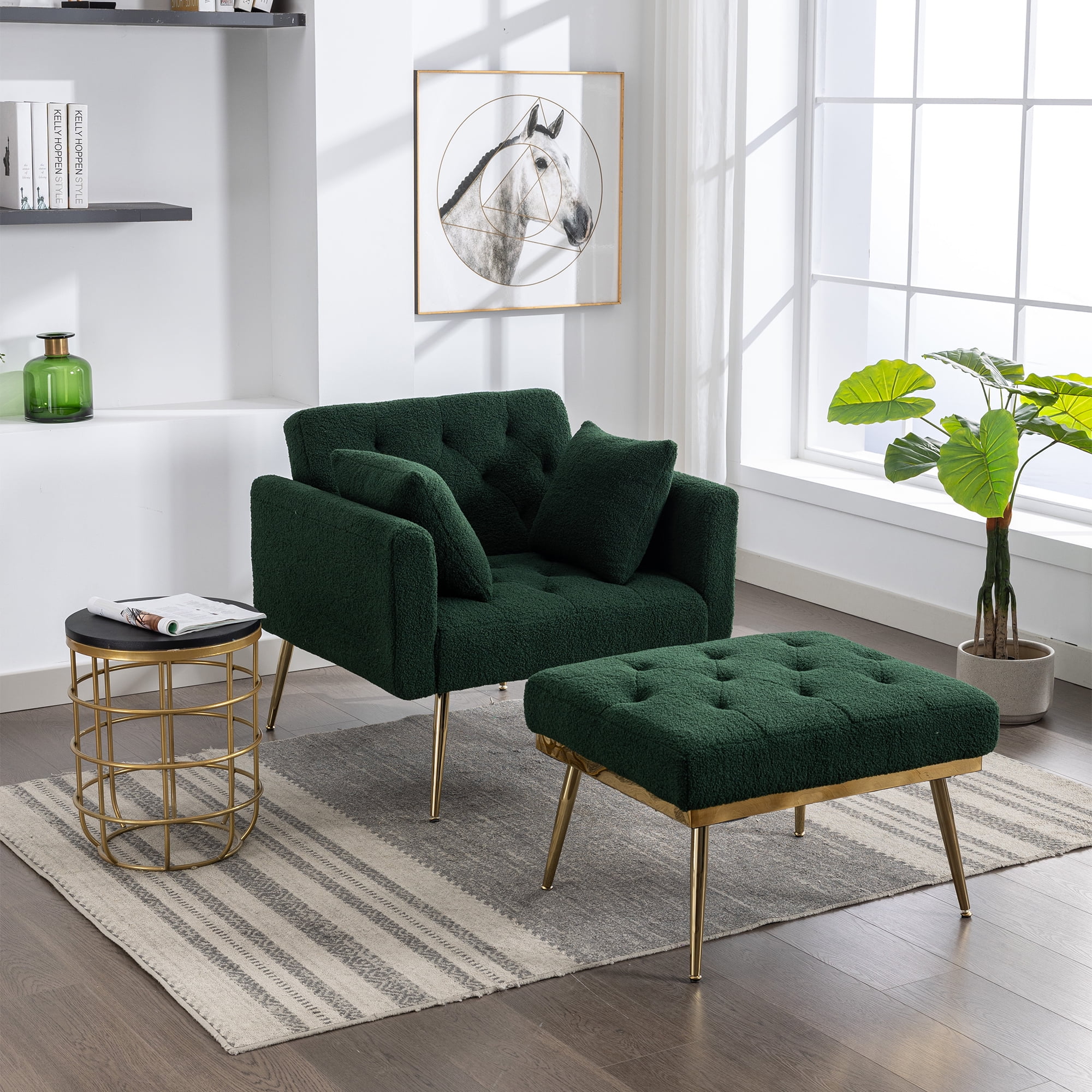 Ufurpie 36.61"Wide Modern Accent Chair With 3 Positions Adjustable Backrest,Tufted Chaise Lounge Chair,Single Recliner Armchair With Ottoman for Living Room, Bedroom,Green-Sherpa