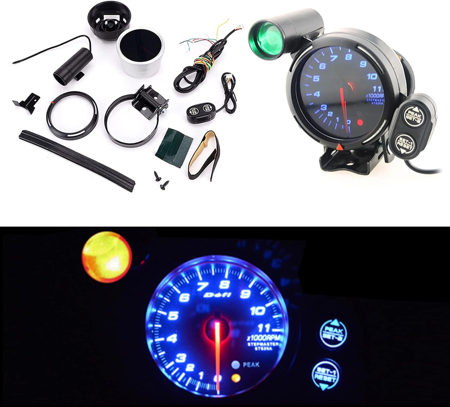 Universal 3.6 Car Tachometer Gauge Kit, Keenso 12V Blue LED 11000 RPM Meter Tachometer for Car with Adjustable Shift Light