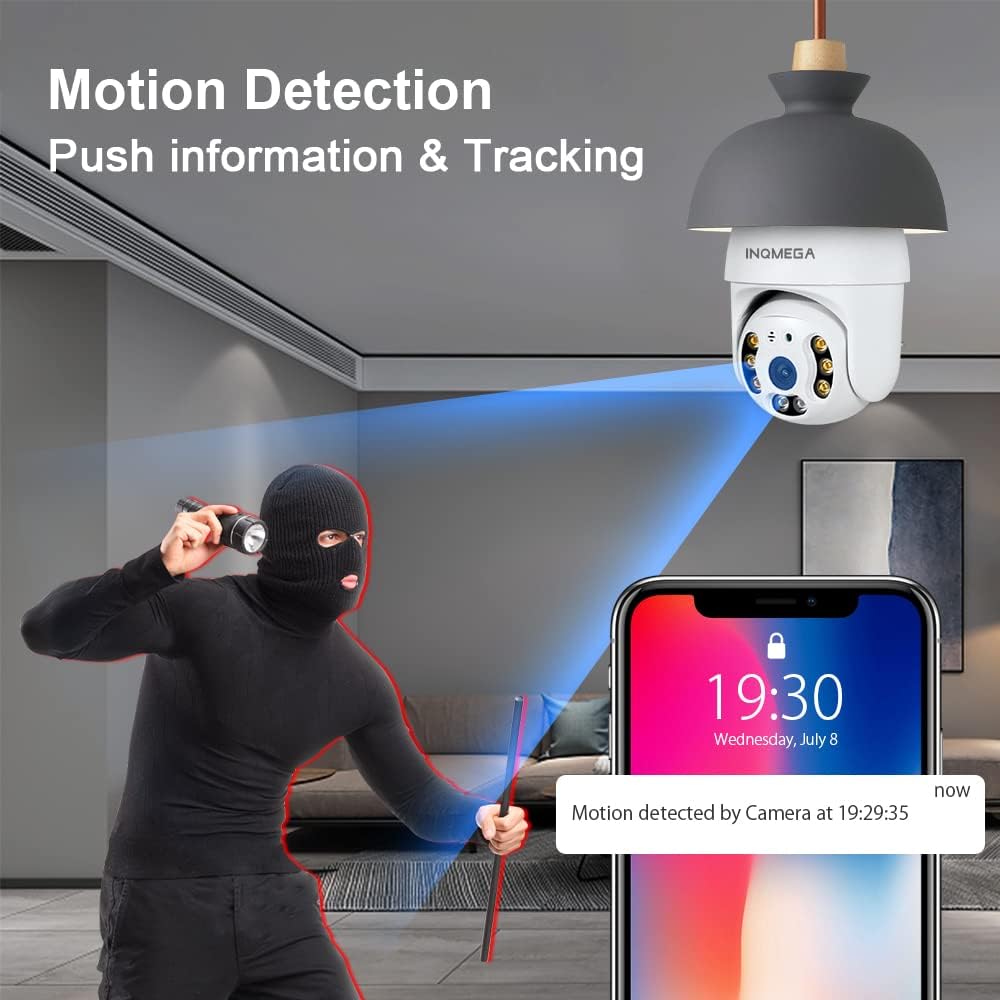 INQMEGA 2K 3.0MP Light Bulb Camera with E27 Connector, Wireless PTZ Security Camera Motion Auto Tracking, Two Way Audio, Night Vision, Tuya 360 Degree Panoramic WiFi IP Camera