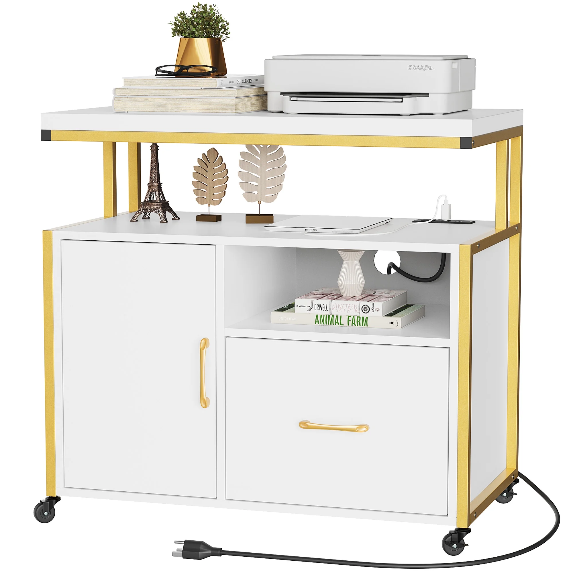 DWVO Wood File Cabinet with Charging Station, Rolling Lateral Filing Cart with Door & Printer Shelf for A4 Letter Size Files for Home Office, White