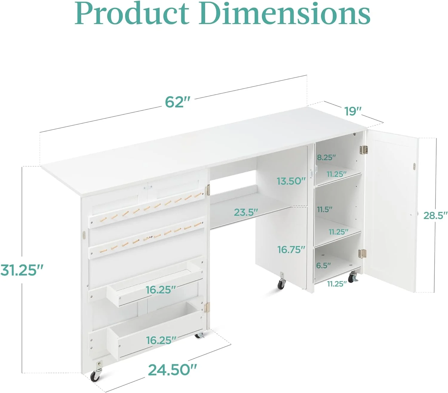 SHSHSIO Large Folding Sewing Table, Multipurpose Portable Craft Station & Side Desk w/Compact Design, Caster Wheels, Storage Shelves, 2 Storage Trays, Magnetic Doors - White