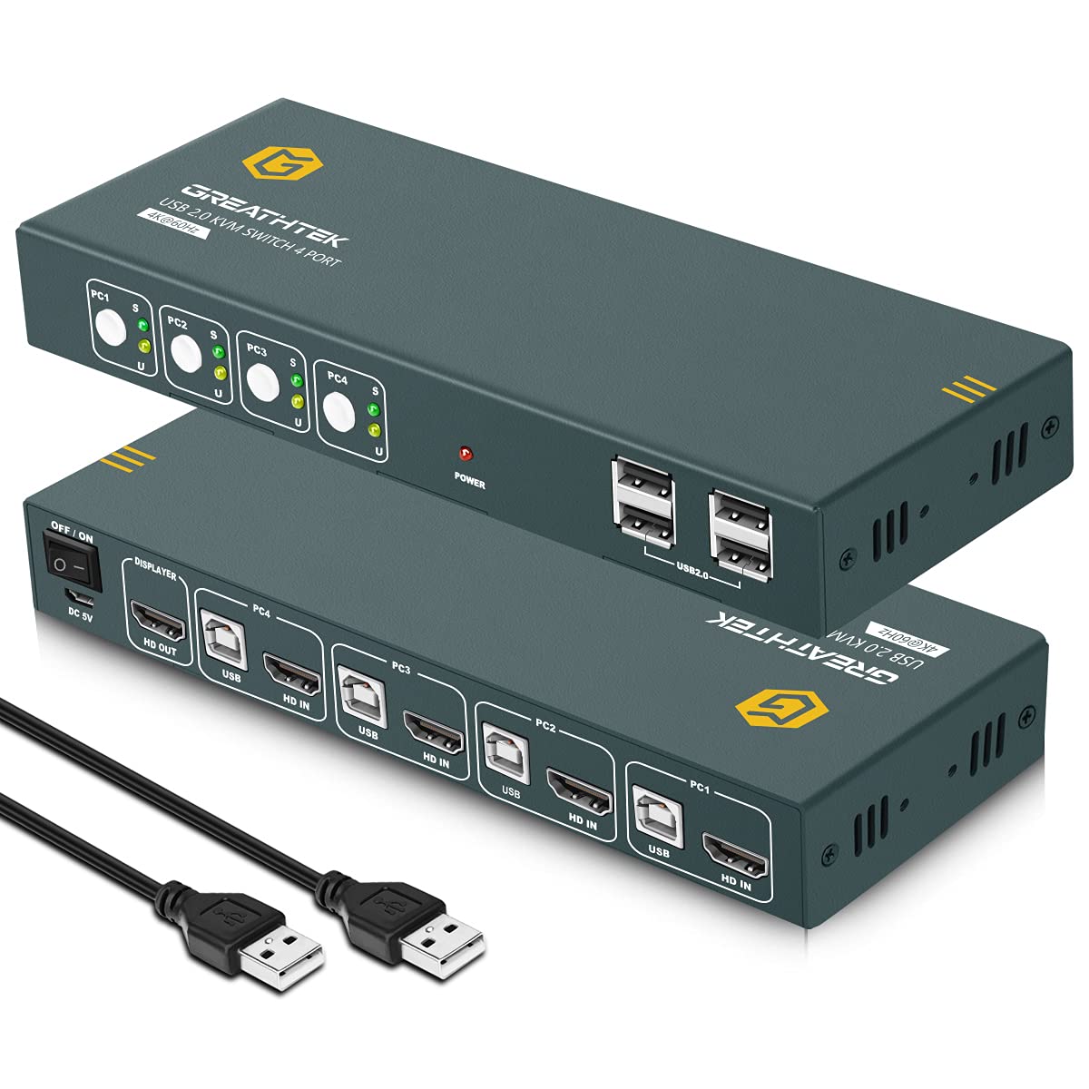 KVM Switch HDMI 4 Port, UHD 4K@60Hz Resolution YUV4:4:4 Downward Compatible,4 USB2.0,Support Printers and Other USB Devices, One Key to Switch,with All Needed Cables(4X1 4k@60Hz) Pack of 2