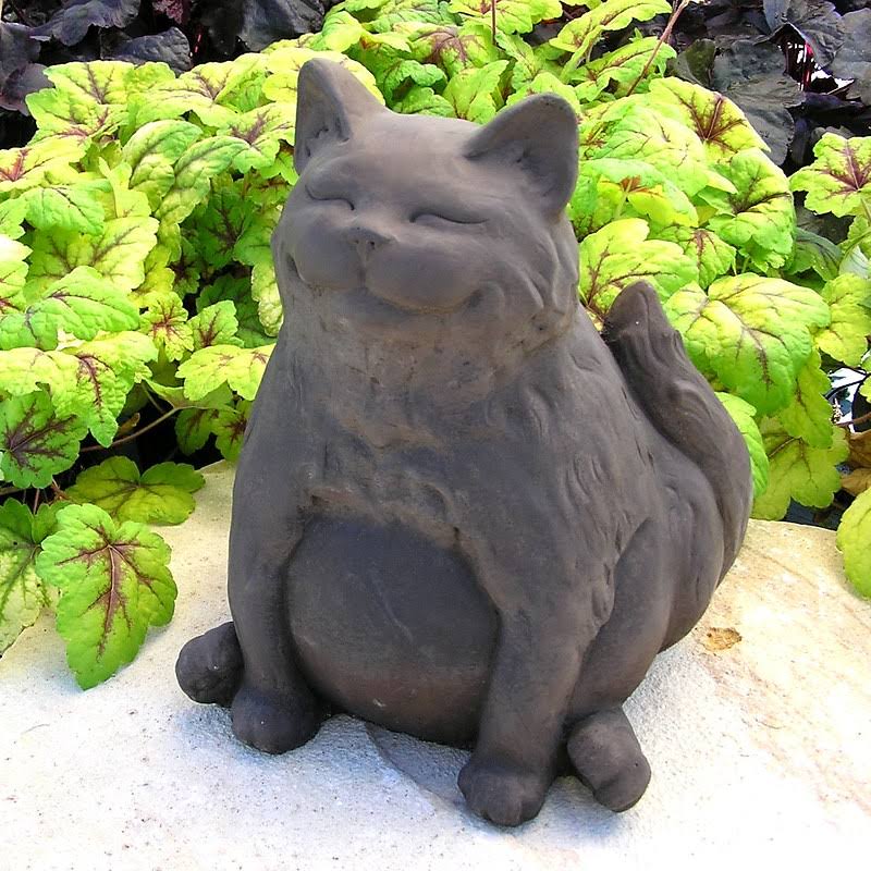 Cast Stone Happy Fat Cat Garden Statue, Weathered Bronze