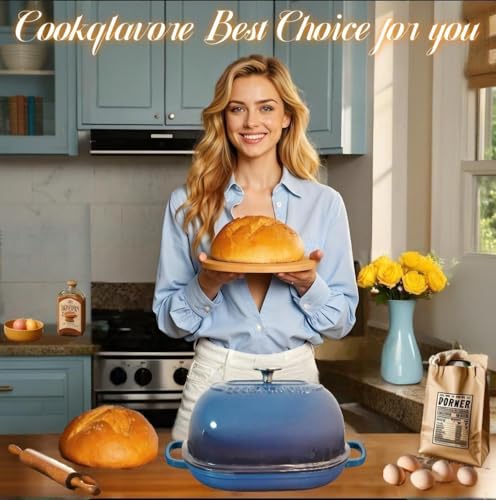 Cast Iron Dutch Oven,6 QT Bread Oven,Thick Enameled Loaf Pan with Lid,Bread Pans for Homemade Bread,14.5"Dutch Oven for Bread Baking,Loaf Pans-with Silicone Baking Mat&Recipe,Gifts for Family,Blue