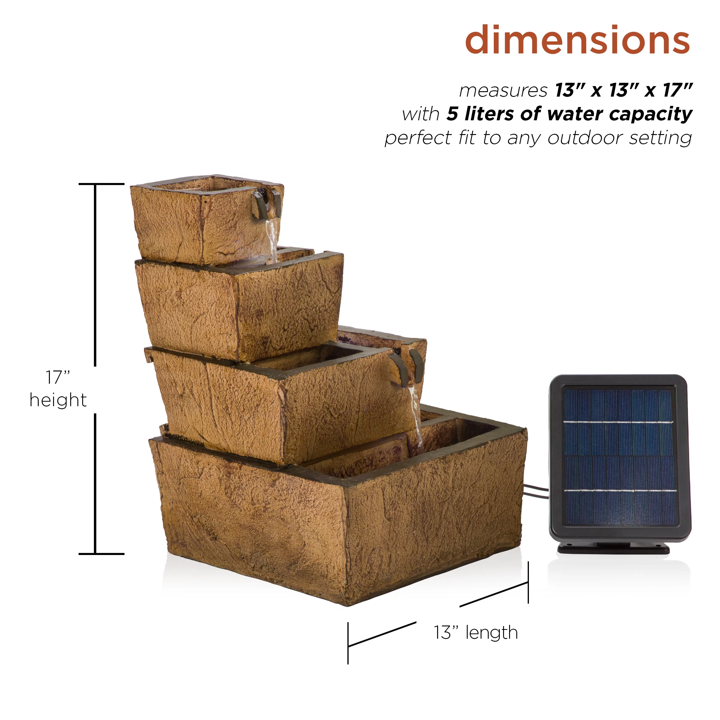 Alpine Corporation 17" Tall Solar Rustic Tiered Fountain Yard Decoration with LED Lights