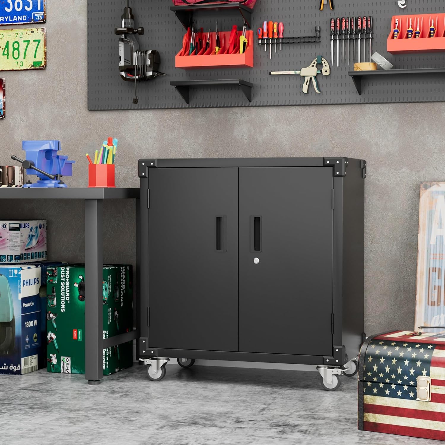 Aobabo Metal Garage Storage Cabinet with Wheels,Steel Storage Cabinet with Pegboard and 4 Hooks for Garage,Home Storage,Assembly Required (Black)