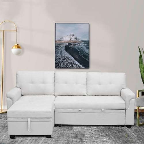 Naomi Home Jenny Sectional Sofa Sleeper with Storage Chaise, Tufted Pull Out Couch with Storage, L-Shaped Reversible Sleeper Sofa with Storage, Black,Air Leather