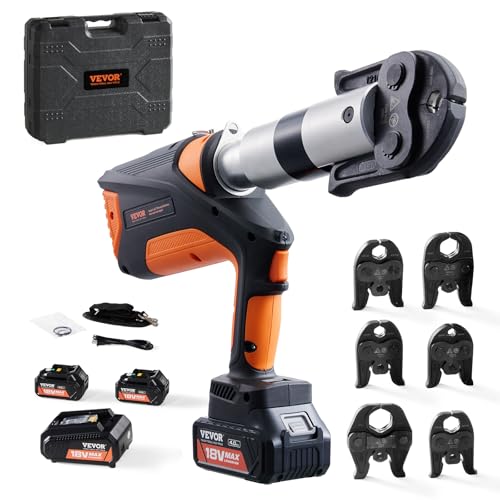 VEVOR Pro Press Tool, 18V Electric Pipe Crimping Tool for 1/2" to 2" Stainless Steel, Copper, PEX Pipes, 360° Rotation Automatic Crimper with Brushless Motor & 6 Pro Press Jaws