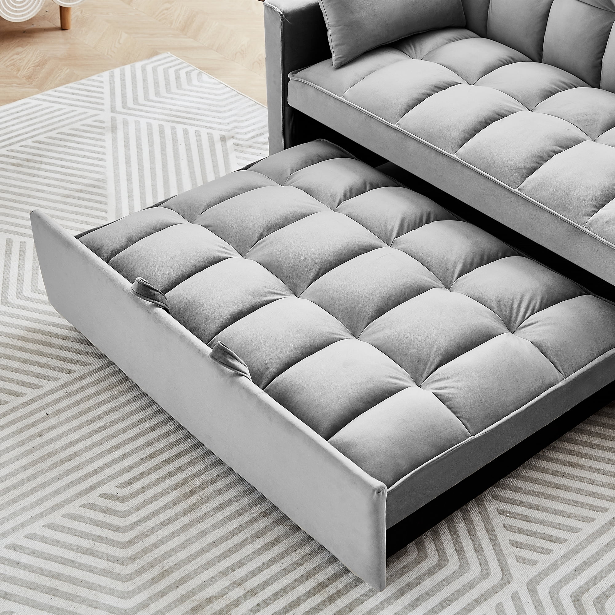3 in 1 Sleeper Sofa Couch Bed, Modern Velvet Convertible Sleeper Sofa Bed, Small Love seat Sofa Bed with Pull-Out Bed, 2 Pillows and Side Pockets, for Living Room, Apartment, Black