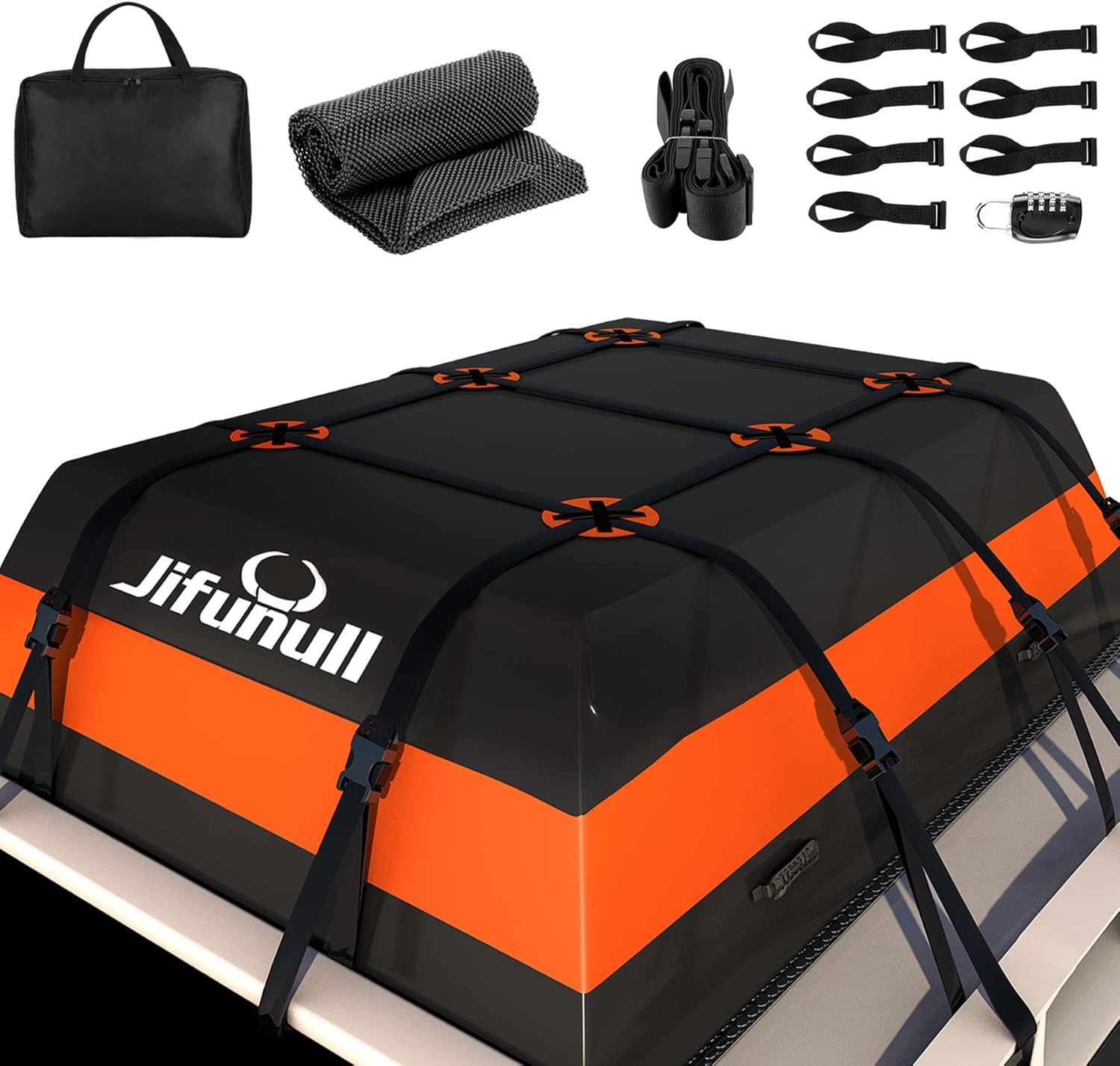 Jifunull Rooftop Cargo Carrier Bag 21 Cubic Feet, Waterproof Soft-Shell Roof Rack Cargo Carrier, 1000D PVC Anti-Tear Car Roof Bag for Vehicle with/Without Racks, Includes 7 Door Hooks, Anti-Slip Mat