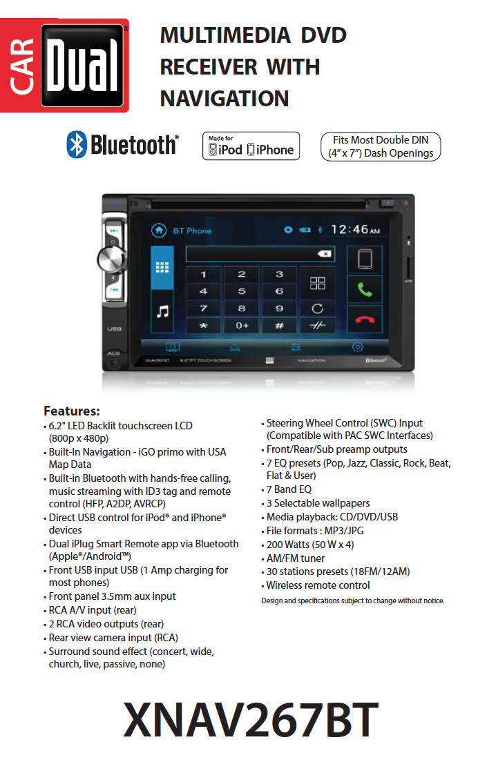 Dual Electronics XNAV267BT 6.2 inch LED Backlit LCD Multimedia Touch