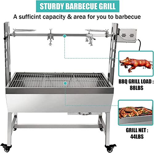66LBS stainless steel rotisserie grill, 25w motor small pig lamb rotisserie roaster, 37 inch bbq charcoal rotisserie roaster grill for camping outdoor kitchen (without baffle(without backsplash))