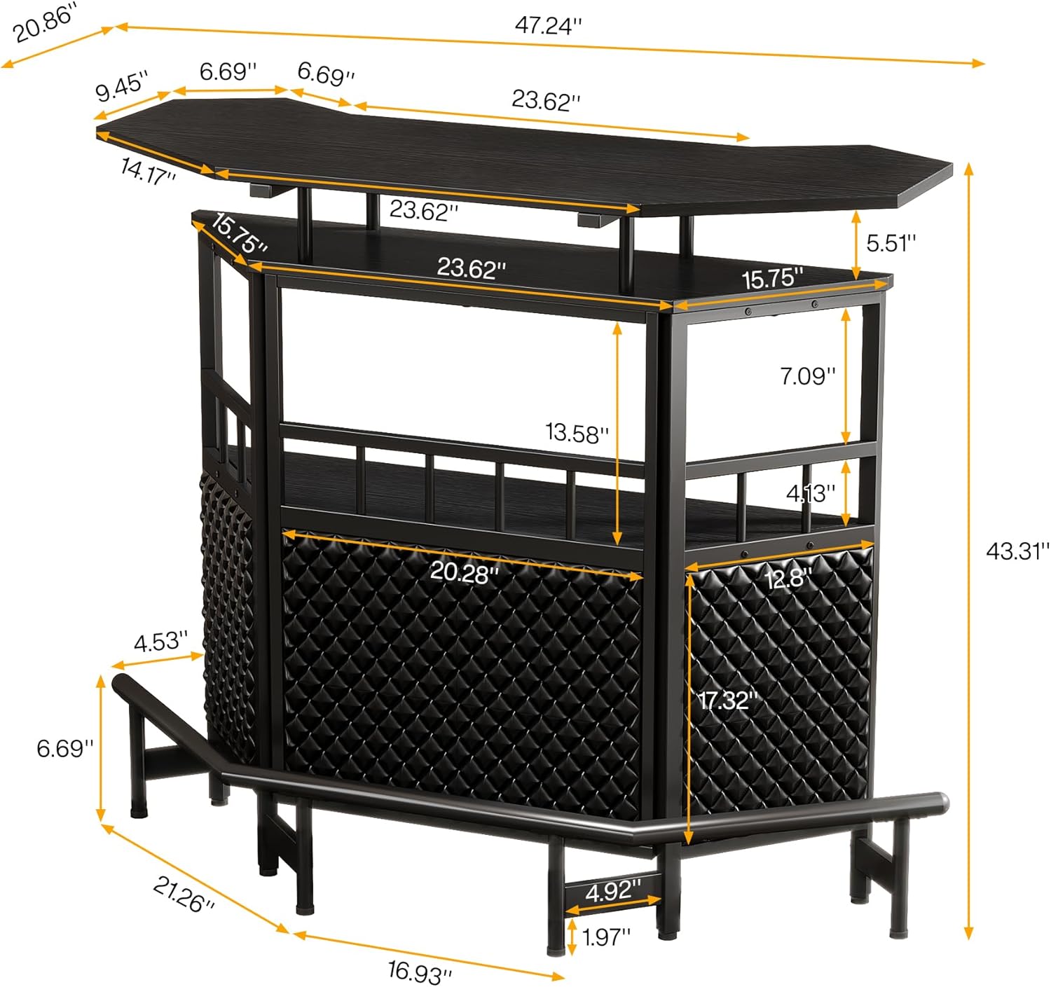 Bar Unit for Liquor, 4 Tier Home Bar Cabinet with Stemware Rack, Storage Shelf and Footrest, 47.24" L x 20.86" W x 43.3" H, Black