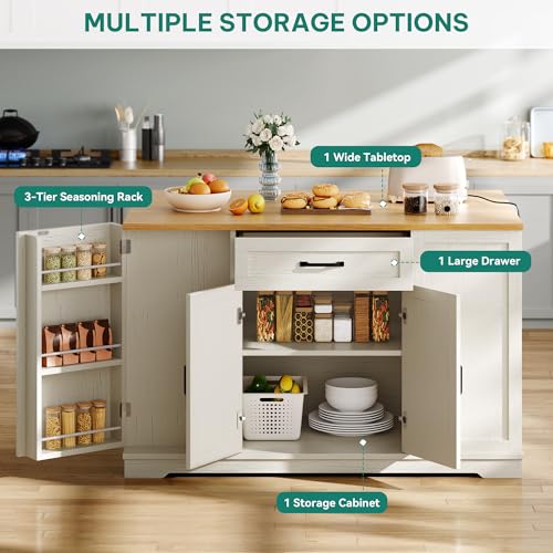 YITAHOME 50" Rolling Kitchen Island with Power Outlet & Drop Leaf, Mobile Storage Islands with Trash Can Cabinet, Microwave Rack Serving Cart on Wheels with Spice Rack, Retro White