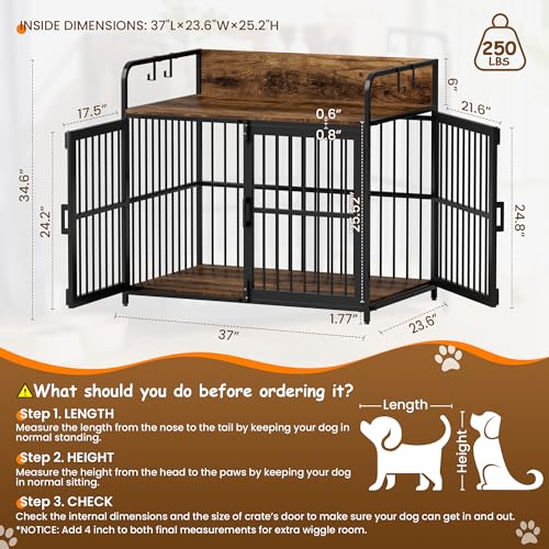 Large Dog Crate Furniture for Large Dogs, 37" Wooden Heavy Duty Dog Kennel with Double Doors, Decorative Pet House Dog Crates Side End Table Indoor(37" W×23.6" D×25.2" H)