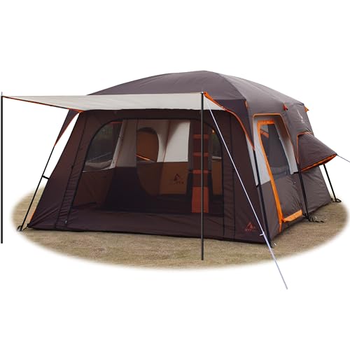 KTT Extra Large Tent 10-12-14 Person(Style-B),Family Cabin Tents,2 Rooms,3 Doors and 3 Windows with Mesh,Straight Wall,Waterproof,Double Layer,Big Tent for Outdoor,Picnic,Camping,Family Gathering