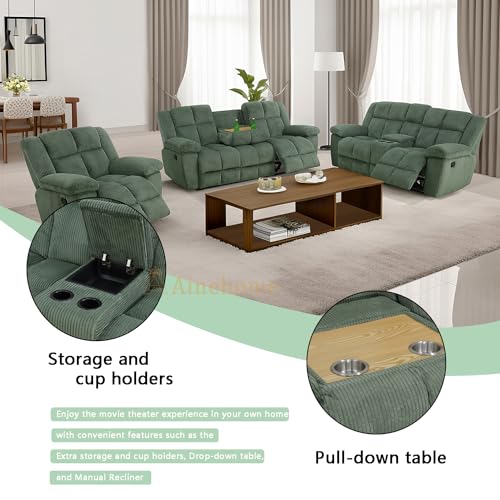 A Ainehome Manual Recliner Sofa Set, Corduroy Recliner Chair, Modern Loveseat Sofa, Modern Reclining Sofa Couch and Recliner Couches for Living Room/Office(Sofa, green)