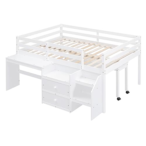 Merax Low Twin with Desk, Wood Loft Bed with 2 Storage Drawers and Lateral Portable Table, No Box Spring Needed, for Boys & Girls (White)