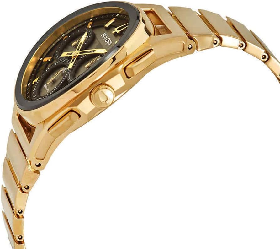 Bulova Men's CURV High Performance Quartz Stainless Steel Watch, 5-Hand Chronograph, Sapphire Crystal, Luminous Hands, Gold-Tone/Black Dial