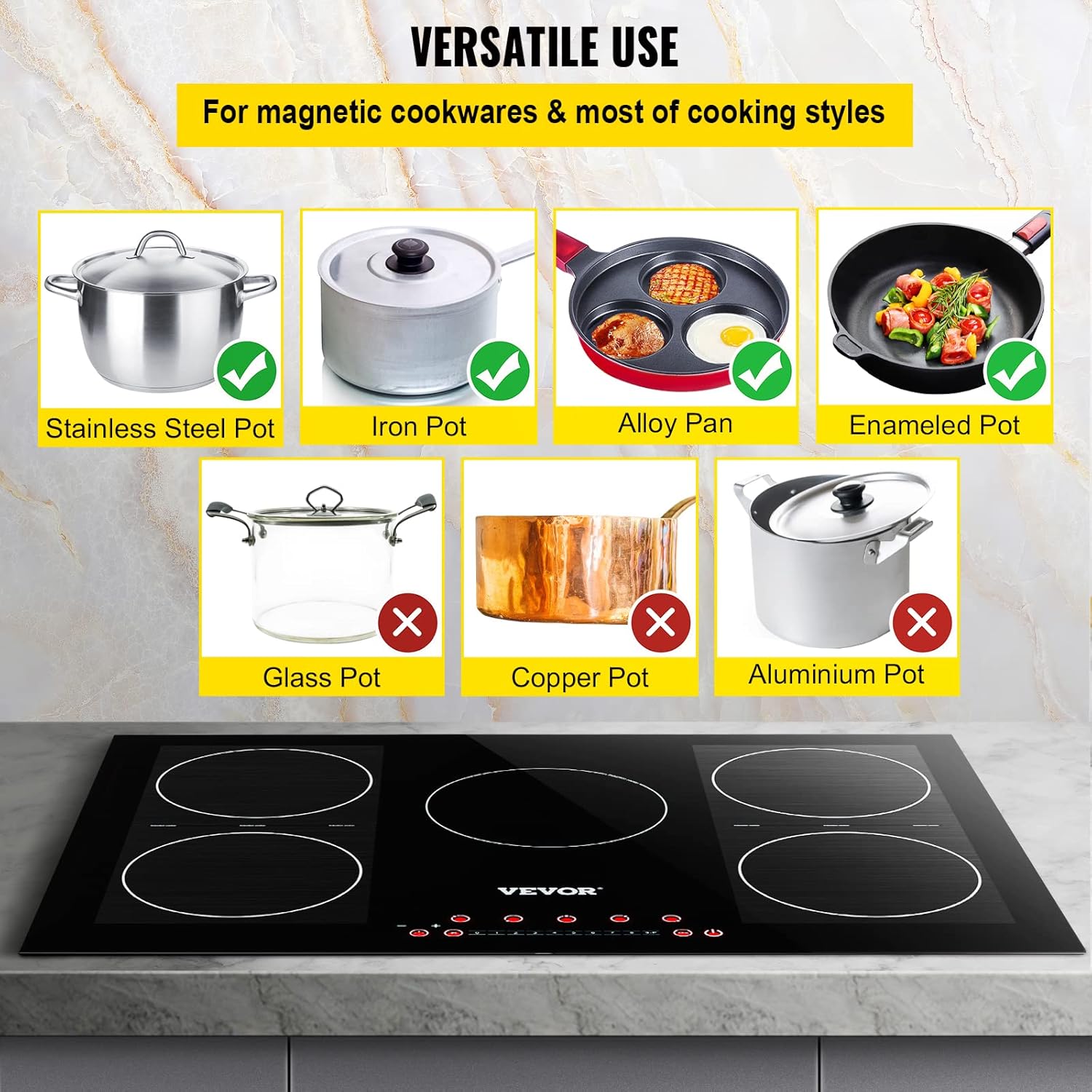VEVOR Built-in Induction Electric Stove Top 5 Burners,35 Inch Electric Cooktop,9 Power Levels & Sensor Touch Control,Easy to Clean Ceramic Glass Surface,Child Safety Lock,240V