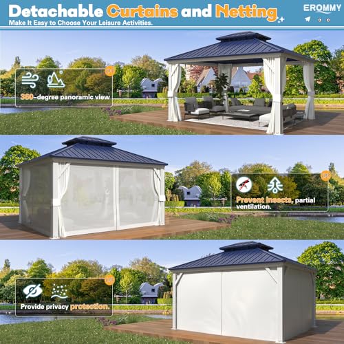 EROMMY 14'x20' Hardtop Gazebo Double Roof Galvanized Steel Canopy Outdoor Aluminum Frame Permanent Metal Pavilion with Netting and Curtains for Patio Backyard Deck and Lawns