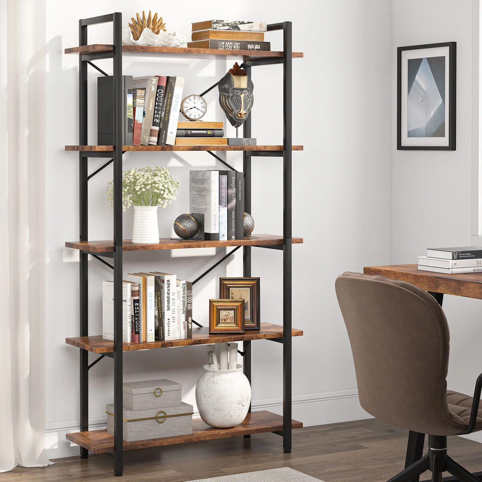Tribesigns 5 Tier Shelf Unit for Living Room Office 62.99"H Rustic Brown Bookcase