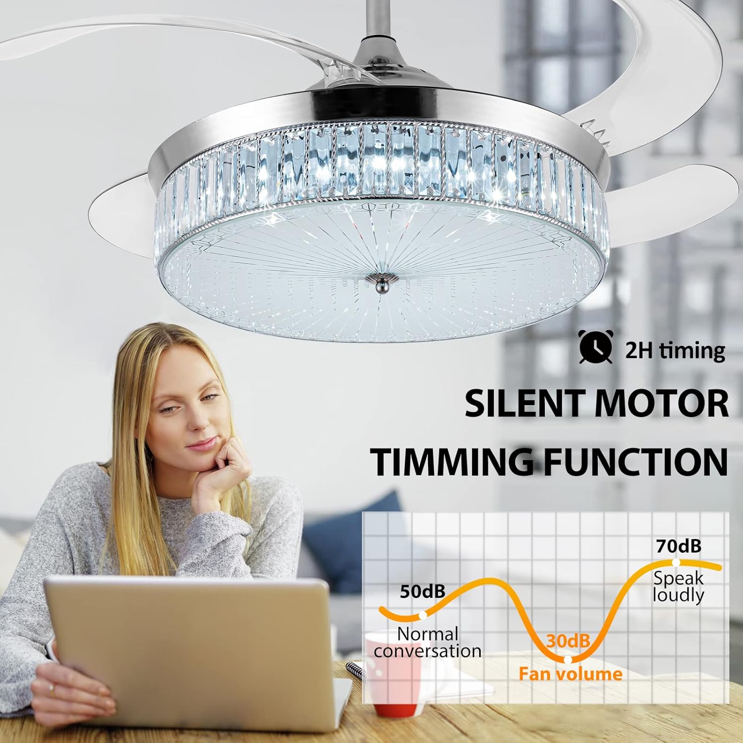42" Retractable Crystal Ceiling Fans with Lights, Stepless Dimmable Chandelier Ceiling Fans Remote Control Invisible Blades, Reversible Fandelier Fans for Living Room Bedroom