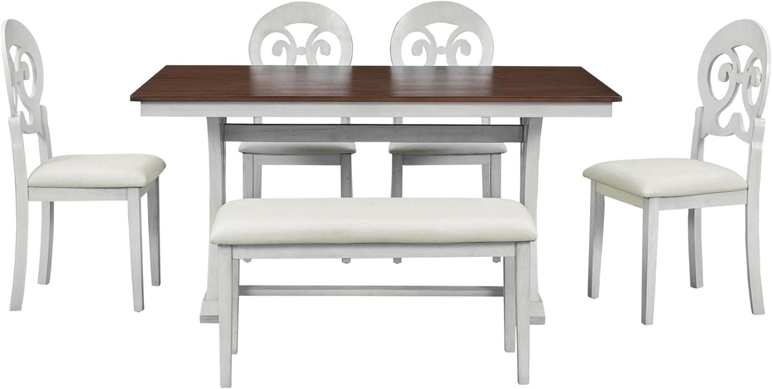 Mid-Century 6-Piece Trestle Table Set with Victorian Round Upholstered Dining Chairs,Vintage Wooden Rectangular Tabletop w/Long Bench,for Living Room/Hostel,Cherry+Antique White