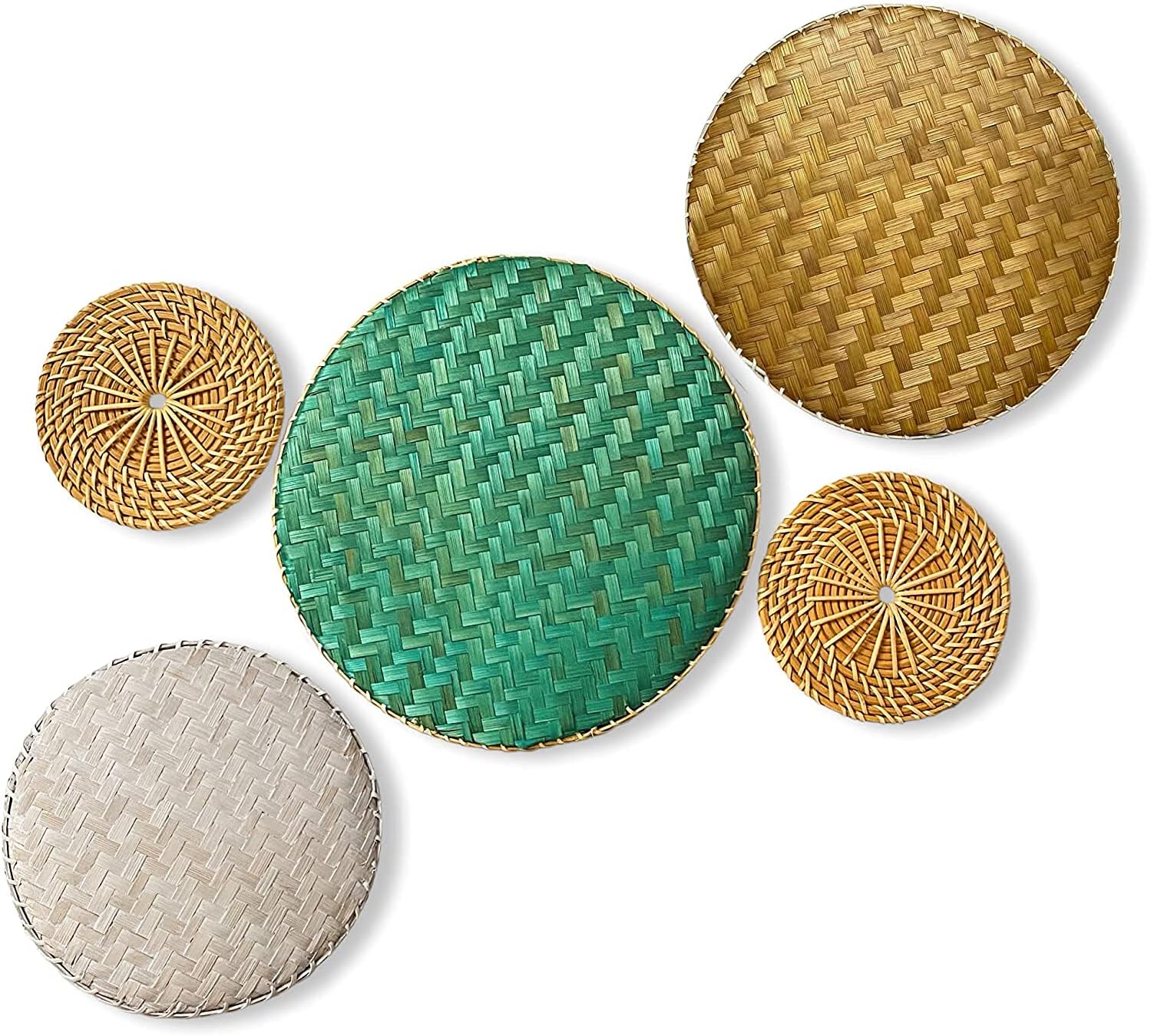 Wicker Wall Decor - Bamboo Wall Basket Decor Boho Flat - Woven Basket Wall Decor Set of 5 - Flat Baskets for Wall - Wicker Wall Hanging Serving Tray Pack of 2