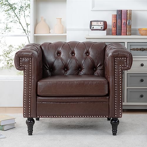 Chesterfield Chair Leather, Square Arm Tufted Back Upholstered Single Sofa Chair, Club Armchair With Nailheads and Solid Wood Legs, Chesterfield Chair for Living Room Office Reading Room (Brown)