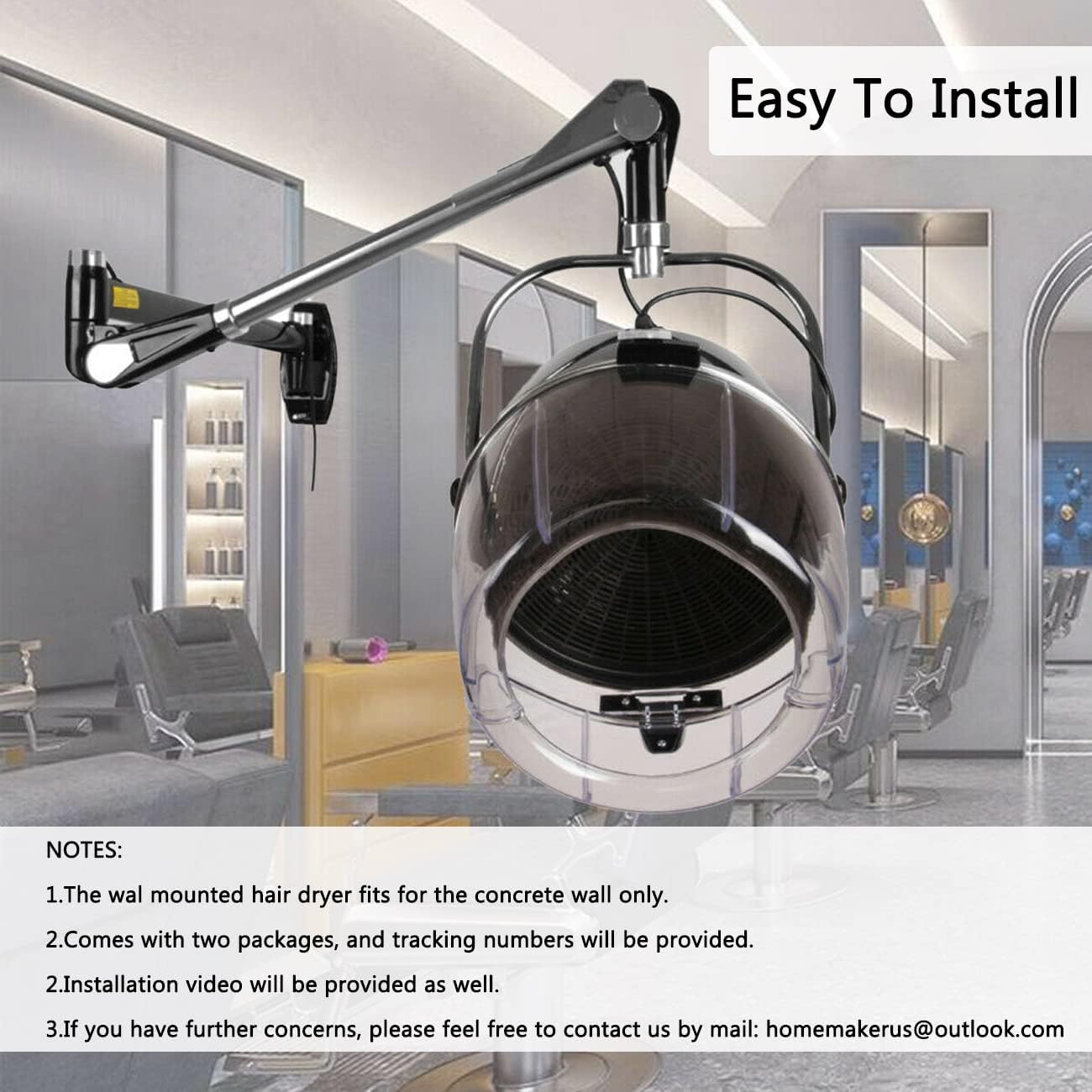 Samger Retractable 900W Wall Mounted Hair Hood Dryer Professional Hair Dryer with Flexible Swivel Arm Built-in 60min Timer Adjustable Temperature 70℃ Beauty Barber Spa Equipment Fits Concrete Wall