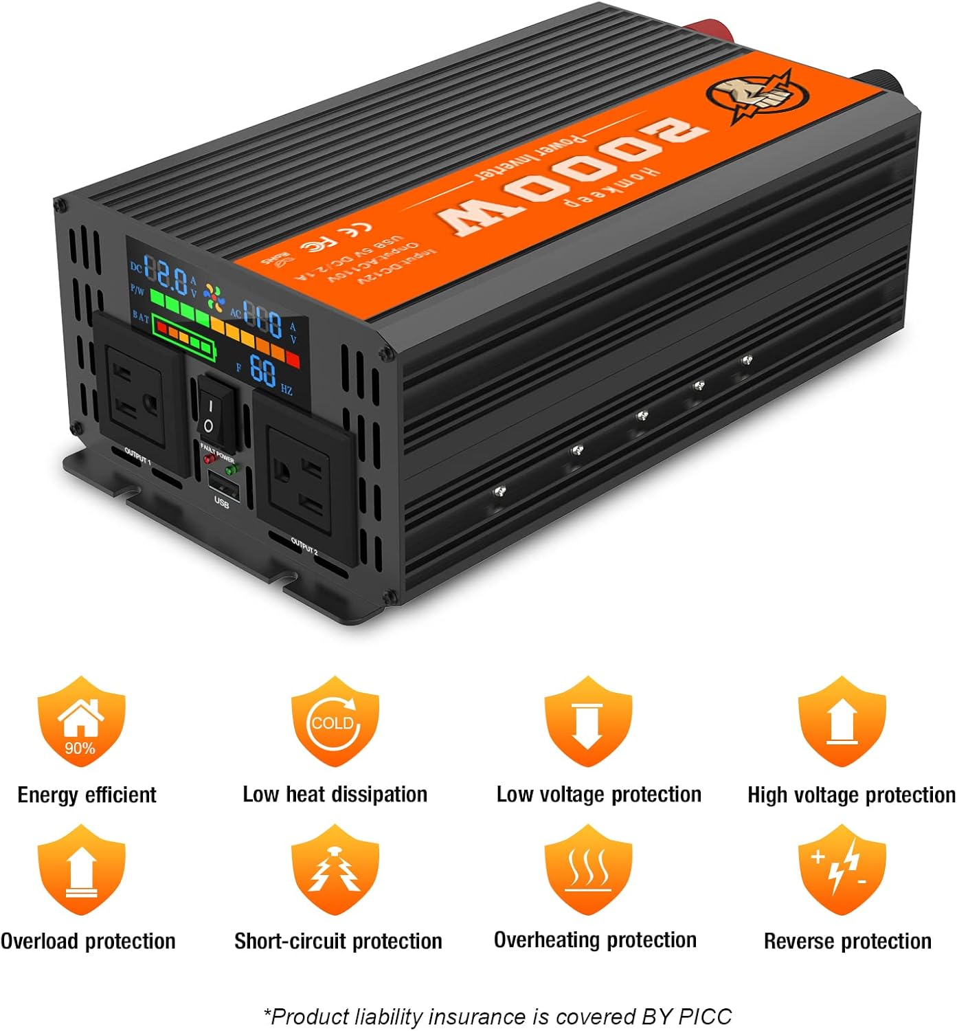 Power Inverter 2000 Watts 12V to 110V, Modified Sine Wave DC to AC Car/Home Converter, Dual 110V AC Outlets, USB Port, LED Display for Home, Outdoor, Camping, RV, Truck, Boat, Laptop and Emergency