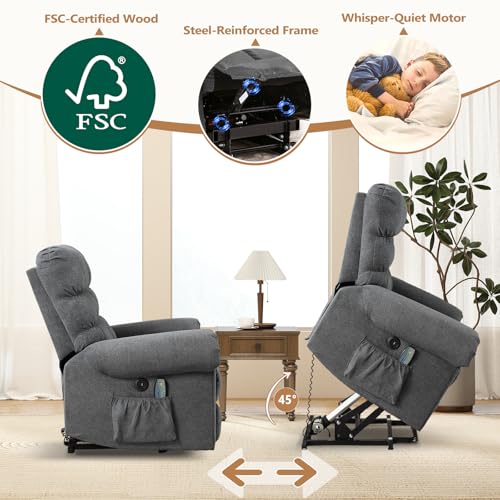 ANJ Large Power Lift Recliner Chair with Massage and Heat for Elderly Big People, Electric Wide Recliners, Heavy Duty and Safety Motion Fabric Reclining Mechanism with USB Ports, Side Pocket, Camel
